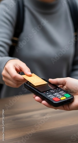 Customer making contactless payment with credit card at point of sale terminal.