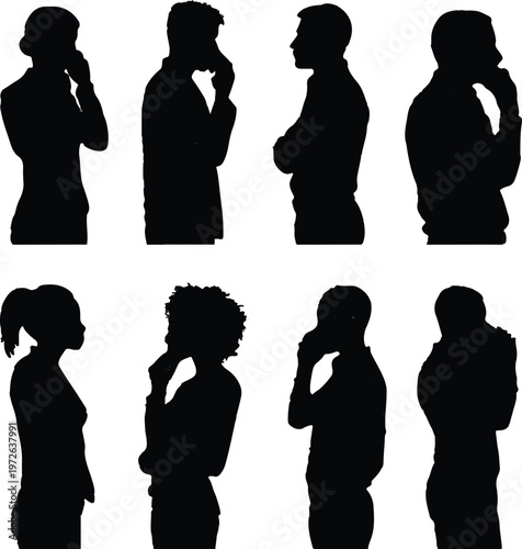 Set of black silhouettes representing diverse business professionals standing and thinking or talking on their phones in a professional environment isolated on a white background