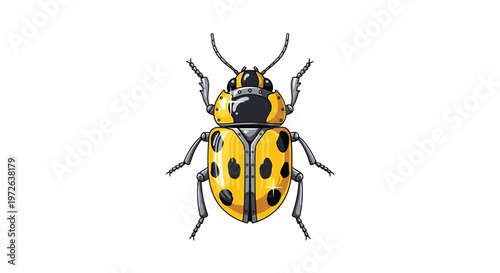 A robotic ladybug displays a polished yellow shell with black spots and riveted metal plates on its mechanical head against a clean white studio background.