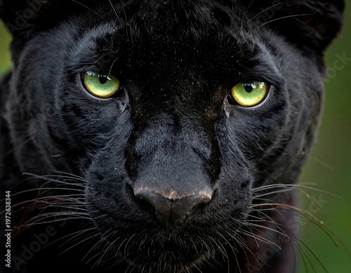 Close-up portrait of a majestic black panther with piercing green eyes.