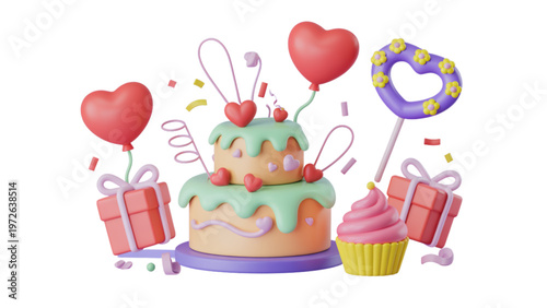 Colorful gift box surrounded by hearts and celebration confetti Vector