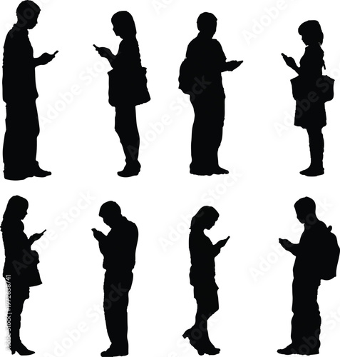 Various people stand while using their mobile phones to check digital messages or browse the internet in this set of black silhouette figures on white background