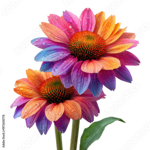 Colorful flowers with water droplets on petals in bright light