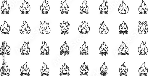 set of 100 fire flat line icons, flames, flame of various shapes, bonfire vector illustration.