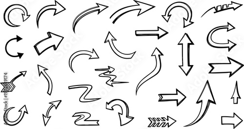 set of Collection hand drawn arrows. Set simple arrows isolated on white background. Arrow mark icons. Arrow paint - stock vector.