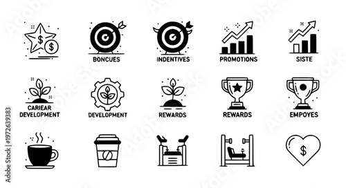 Minimal employee benefits solid glyph icon vector set EPS10 isolated on white