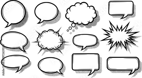  set of Retro empty comic speech bubbles set with black halftone shadows. Vintage design, pop art style - stock vecto