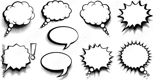  set of Retro empty comic speech bubbles set with black halftone shadows. Vintage design, pop art style - stock vecto