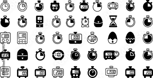 set of 100 Timers icon set on transparent background. Stopwatch symbol. countdown Timer vector illustration