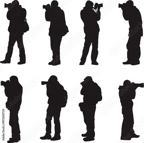 A diverse collection of male photographer silhouettes actively capturing images with their professional cameras, depicting various angles and poses for creative projects.