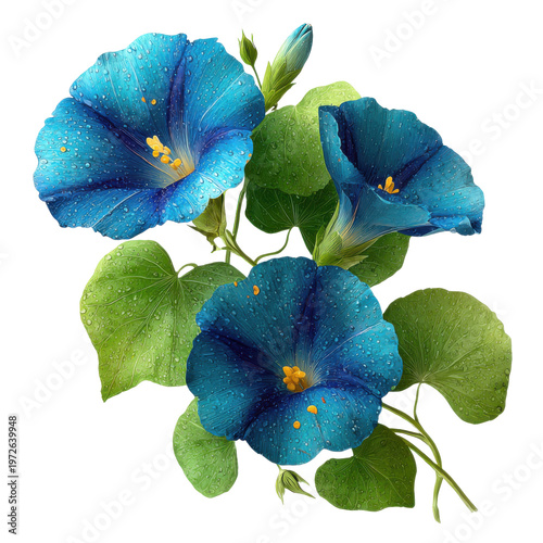 Blue flowers with green leaves in bright sunlight