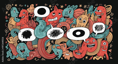 A vibrant illustration of various colorful monsters and creatures with large eyes are gathered together in a chaotic scene.