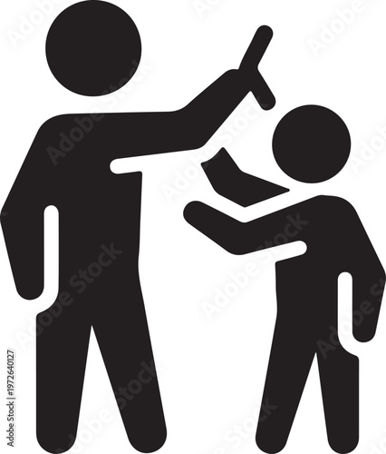 Domestic violence icon depicting physical abuse, silhouette of adult hitting a child, child protection and family conflict vector illustration