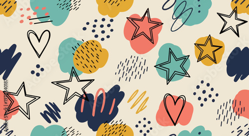 A vibrant illustration of various colorful shapes and symbols scattered across a beige background.