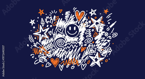 A vibrant illustration of an emotive doodle artwork explodes with colorful stars and hearts on a dark blue background.