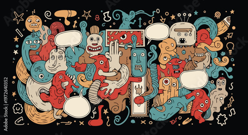 Vibrant illustration of various cartoon characters and objects in a chaotic arrangement on a black background.