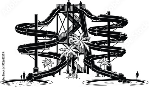 Black and white of a large water park with spiral slides and palm trees water slides