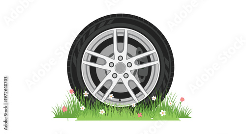 A meticulously detailed silver five-spoke alloy car wheel and black rubber tire rest firmly on a lush patch of green grass dotted with tiny white daisies.