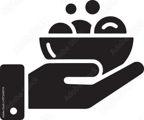 Minimalist food donation icon, hand holding a bowl of food vector, charity and hunger relief symbol, black solid silhouette graphic for social aid