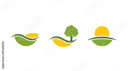 Abstract nature icons: sun, tree, landscape. Eco-friendly logo elements.