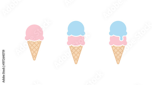 Three Ice Cream Cones: Pink and Blue Flavors, One Melting