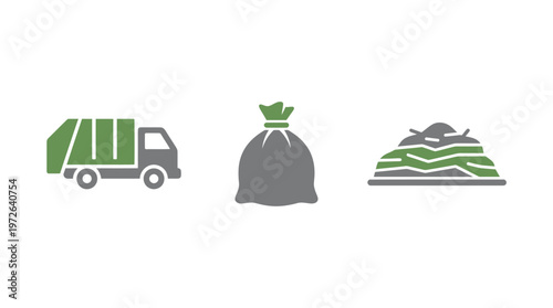 Garbage Truck, Trash Bag, and Waste Pile Icons