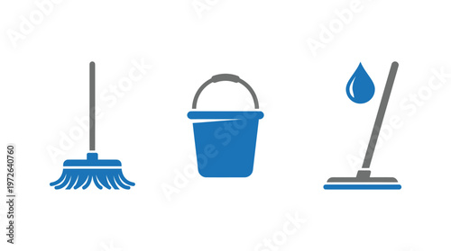 Cleaning tools: mop, bucket, and wet mop icon set. Household chores, hygiene concept.