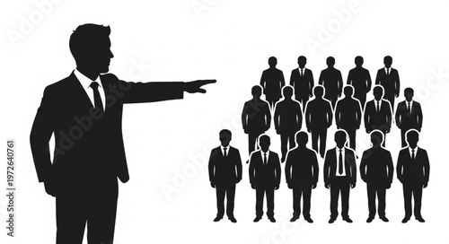 Business leader pointing at group of employee silhouettes.