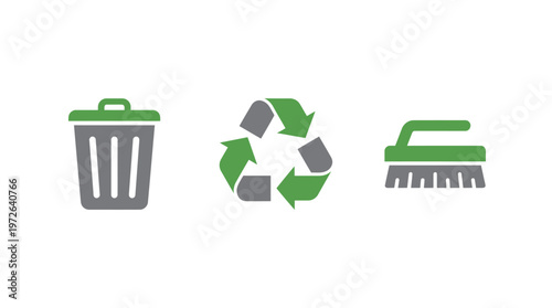 Recycling Bin, Recycle Symbol, and Cleaning Brush Icons