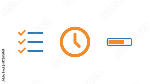Checklist, Clock, and Progress Bar Icons Representing Tasks, Time Management, and Completion