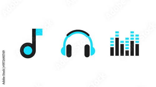 Music Icons: Note, Headphones, Equalizer - Sound and Audio Concept