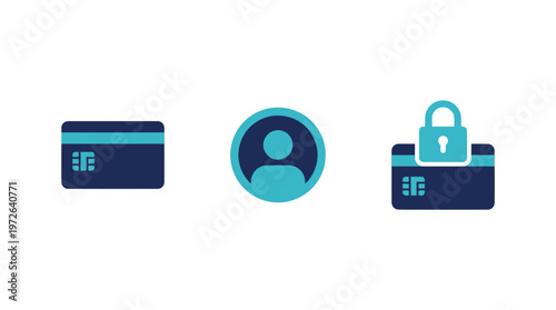 Secure Online Payment Icons: Credit Card, User Profile, and Locked Card