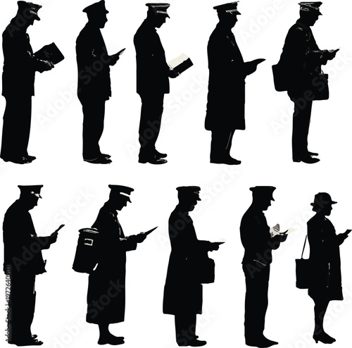 A collection of professional silhouettes depicting uniformed individuals, possibly postal workers or government officials, diligently examining documents or portable devices in various poses.