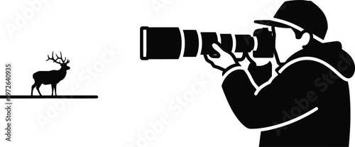 Camera day wildlife photographer capturing a majestic deer with professional camera equipment in black and white