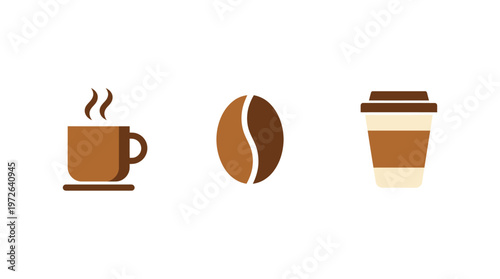 Coffee icons: steaming mug, bean, and takeaway cup on white background