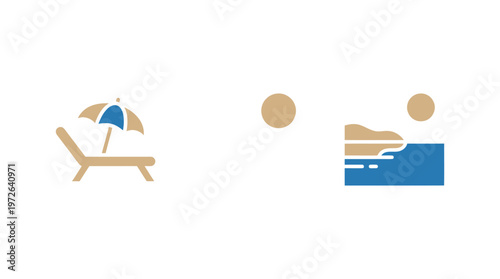 Beach Vacation Icon Set: Sun Lounger, Umbrella, Ocean, Coastline, Sun
