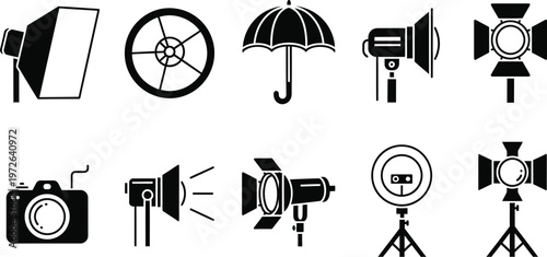 Camera day exploring photography equipment icons lights reflectors umbrellas and vintage cameras
