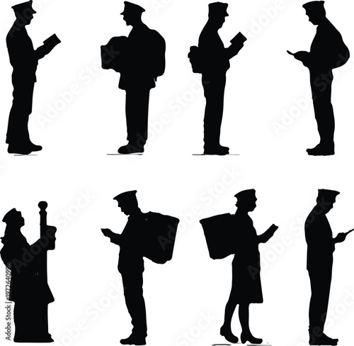 Eight distinct silhouettes of dedicated mail carriers, encompassing both men and women, diligently performing their essential daily duties within the crucial postal service industry.