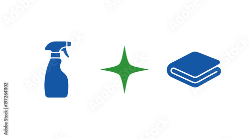 Cleaning spray bottle, sparkle, and folded cloth icon set on white background