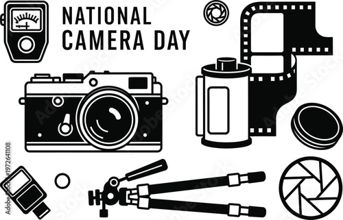 Celebrate national camera day vintage modern photography equipment illustration for enthusiasts