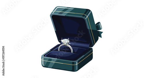 A sophisticated emerald green square fabric casket with elegant gold trim holds a magnificent brilliant cut diamond set in a polished silver band.