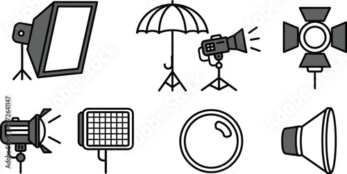 Camera day professional photography equipment icons lights reflectors and camera accessories