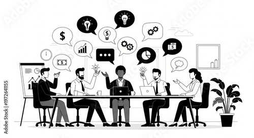 Business team brainstorming meeting around conference table.