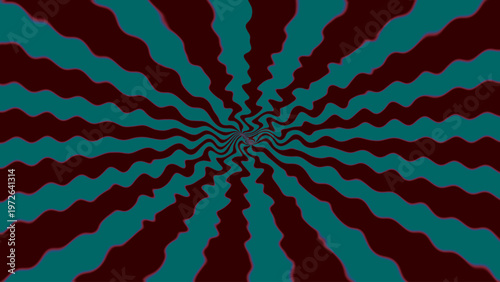 Abstract optical illusion background with teal maroon radial wavy rays, twisting vortex motion, and vibrant geometric decorative layout