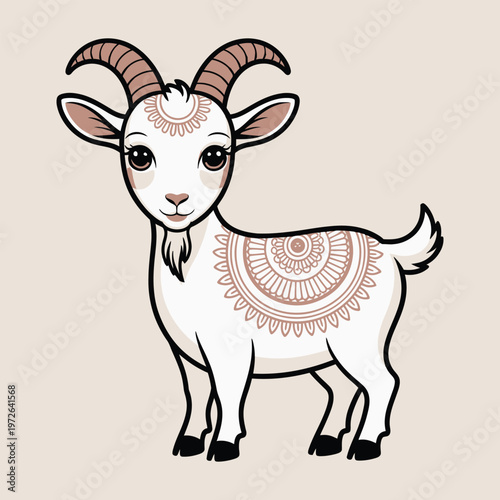 Stylized white goat with ornate brown mandala patterns on its body and horns, standing on a neutral background.