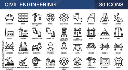 Civil engineering icons set with construction tools infrastructure bridges roads and surveying equipment outline vector collection.eps