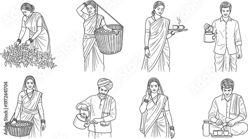 Indian village people daily life activities line art illustration set showing farmers workers and traditional lifestyle scenes in rural culture