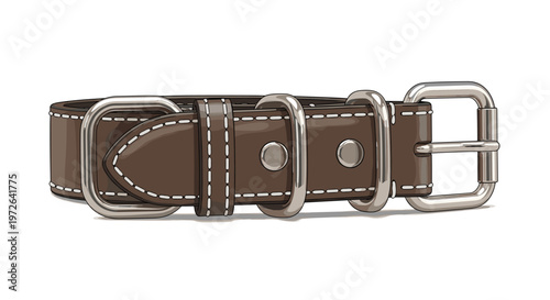 A high-quality brown leather dog collar with polished silver hardware and detailed white stitching rests horizontally against a clean white background.