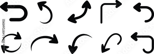 Arrow, go back icon set with left direction pointers, return previous backward symbols, navigation interface elements, clean vector illustration design.