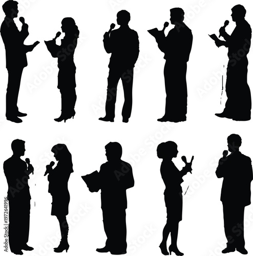Multiple silhouettes of professional news reporters and journalists standing while holding microphones and reading from notes to deliver live broadcast updates for their media company